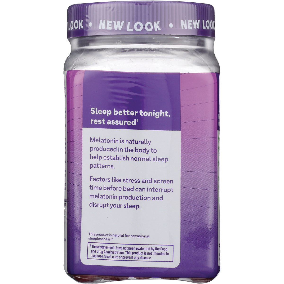 NA627 | Purple supplement bottle side panel reading Sleep better tonight, rest assured and melatonin info about establishing normal sleep patterns
