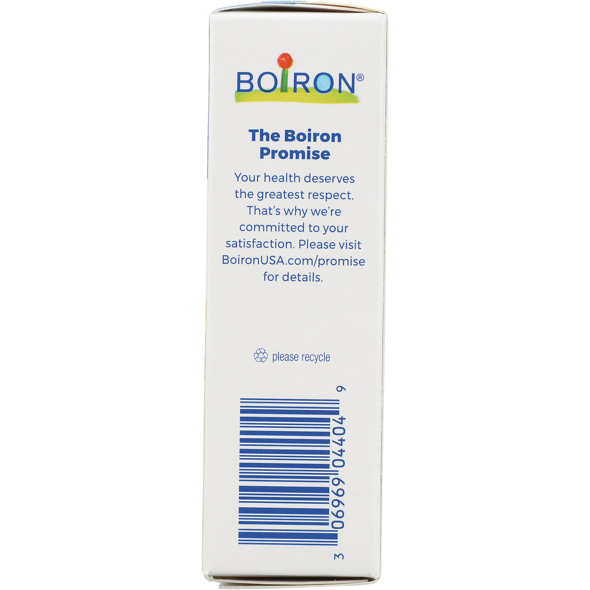 BRN038 | side panel showing The Boiron Promise text, please recycle icon, and barcode