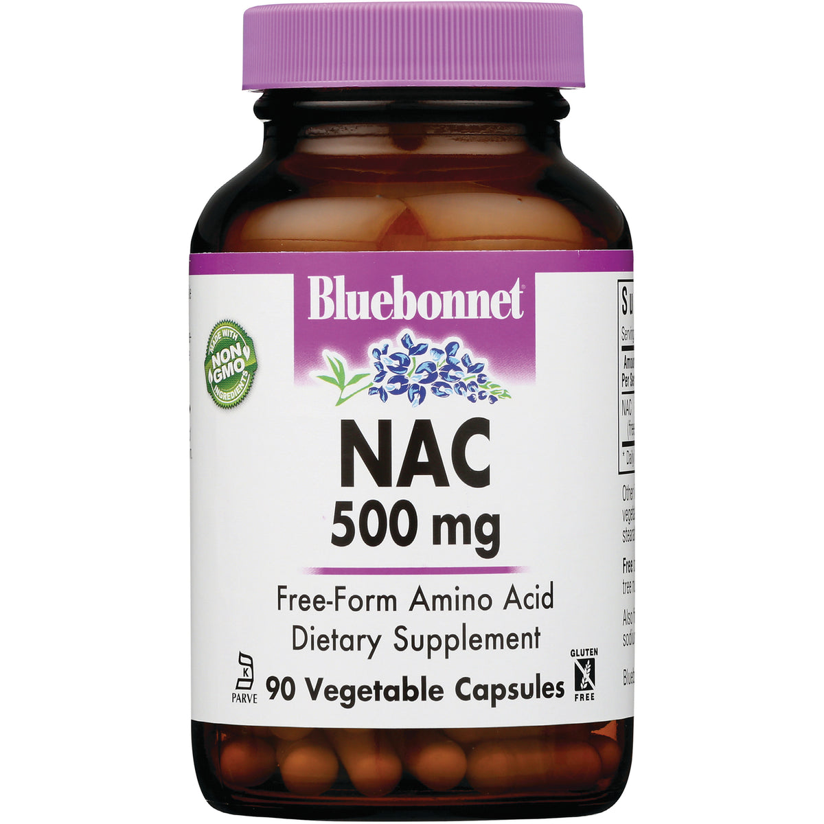 BLU103 | Bluebonnet NAC 500 mg bottle front label showing Free-Form Amino Acid dietary supplement, 90 vegetable capsules
