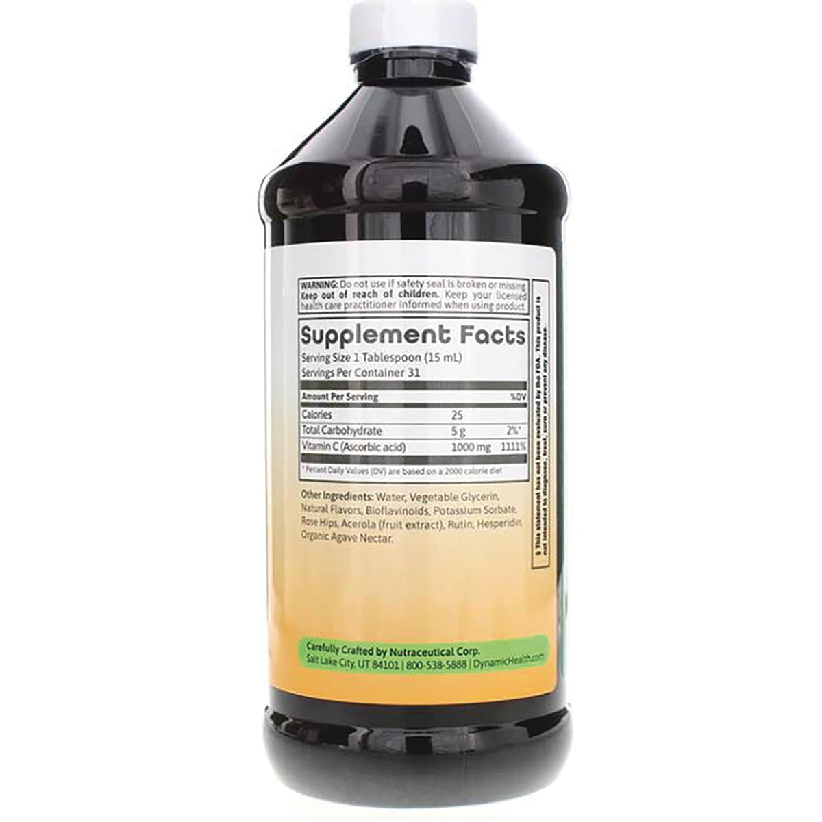 DYH050 | Supplement facts panel and ingredients on back of amber supplement bottle