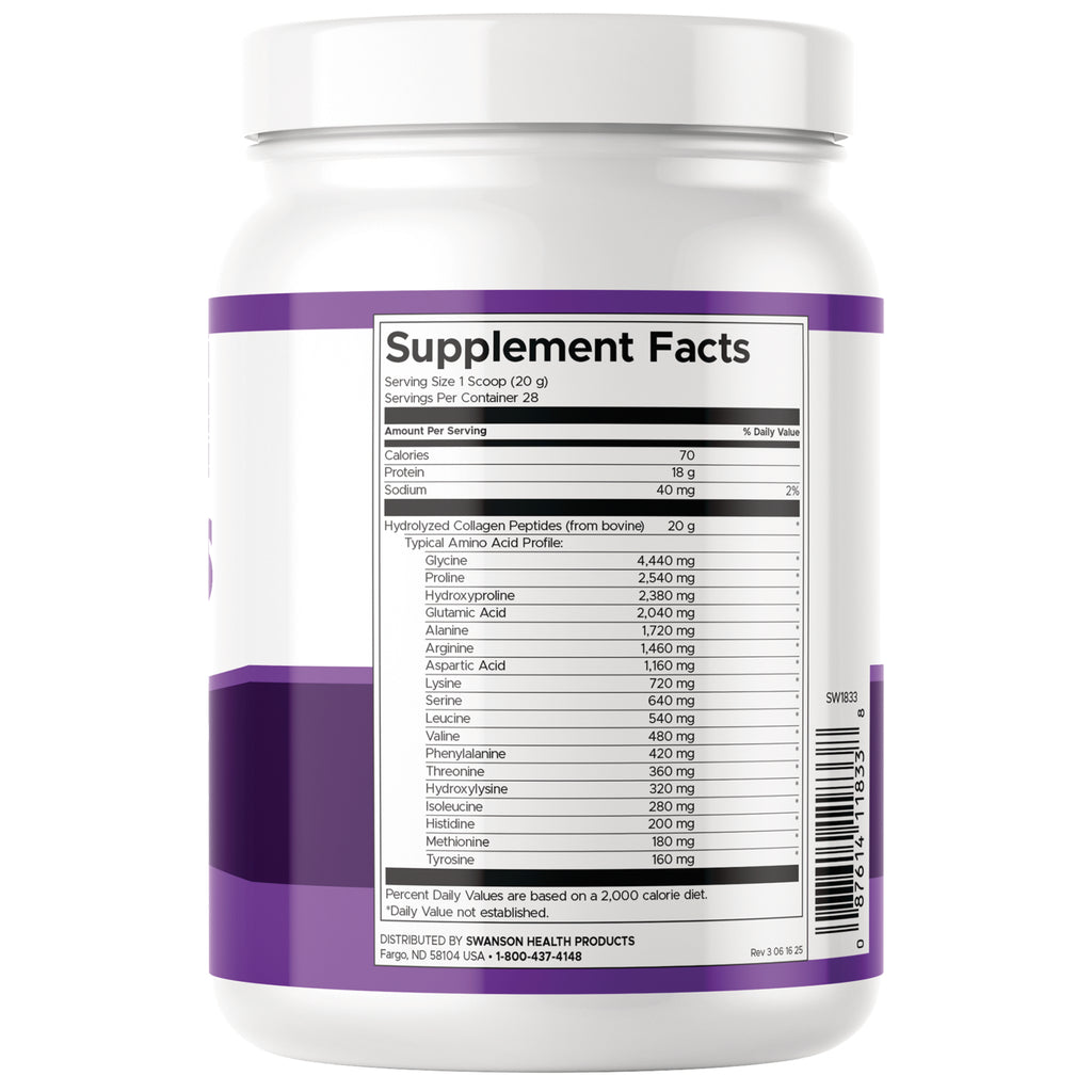 SW1833 | Back label showing Supplement Facts for hydrolyzed collagen peptides; serving size 1 scoop (20 g), 28 servings - Thumbnail