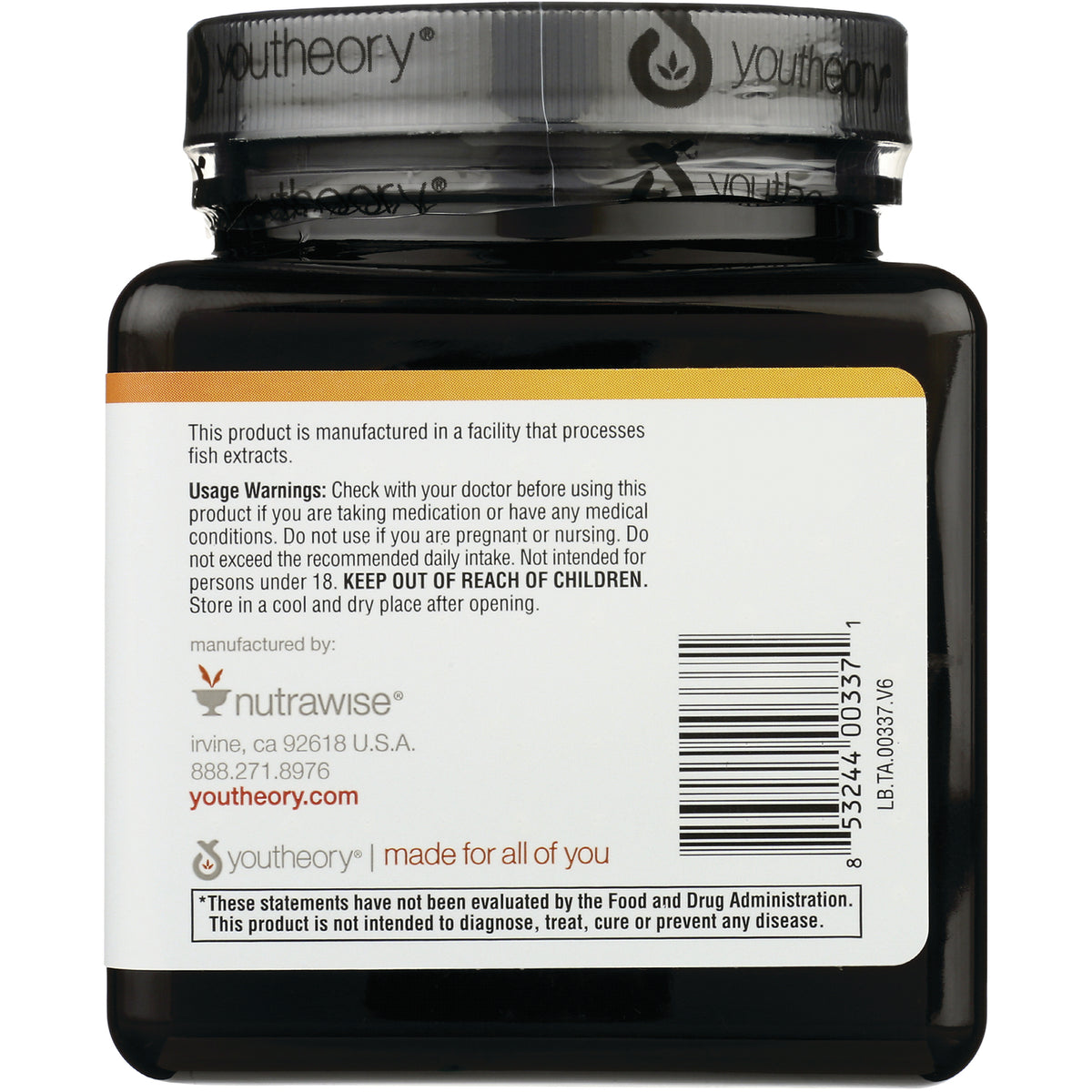 YOU008 | Back label with Usage Warnings, storage directions, Nutrawise info, and barcode