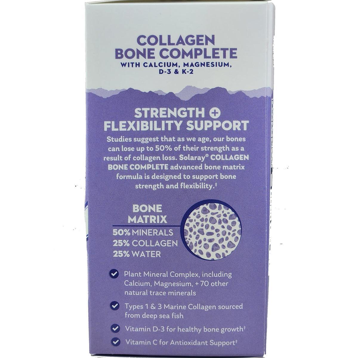 SLR447 | Collagen Bone Complete infographic: Strength + Flexibility Support; bone matrix 50% minerals, 25% collagen, 25% water