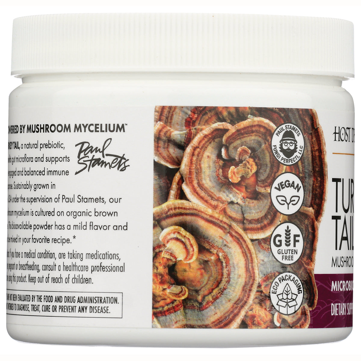 FUN050 | side label of white jar showing bracket mushrooms and certification icons vegan, gluten free, eco packaging