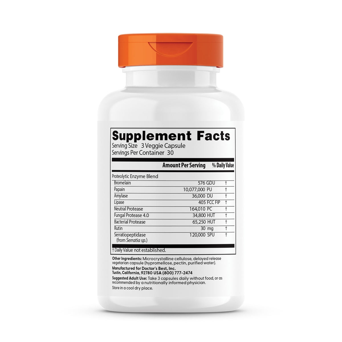 DB090 | Back label showing Supplement Facts panel, ingredient list, and suggested use on white bottle