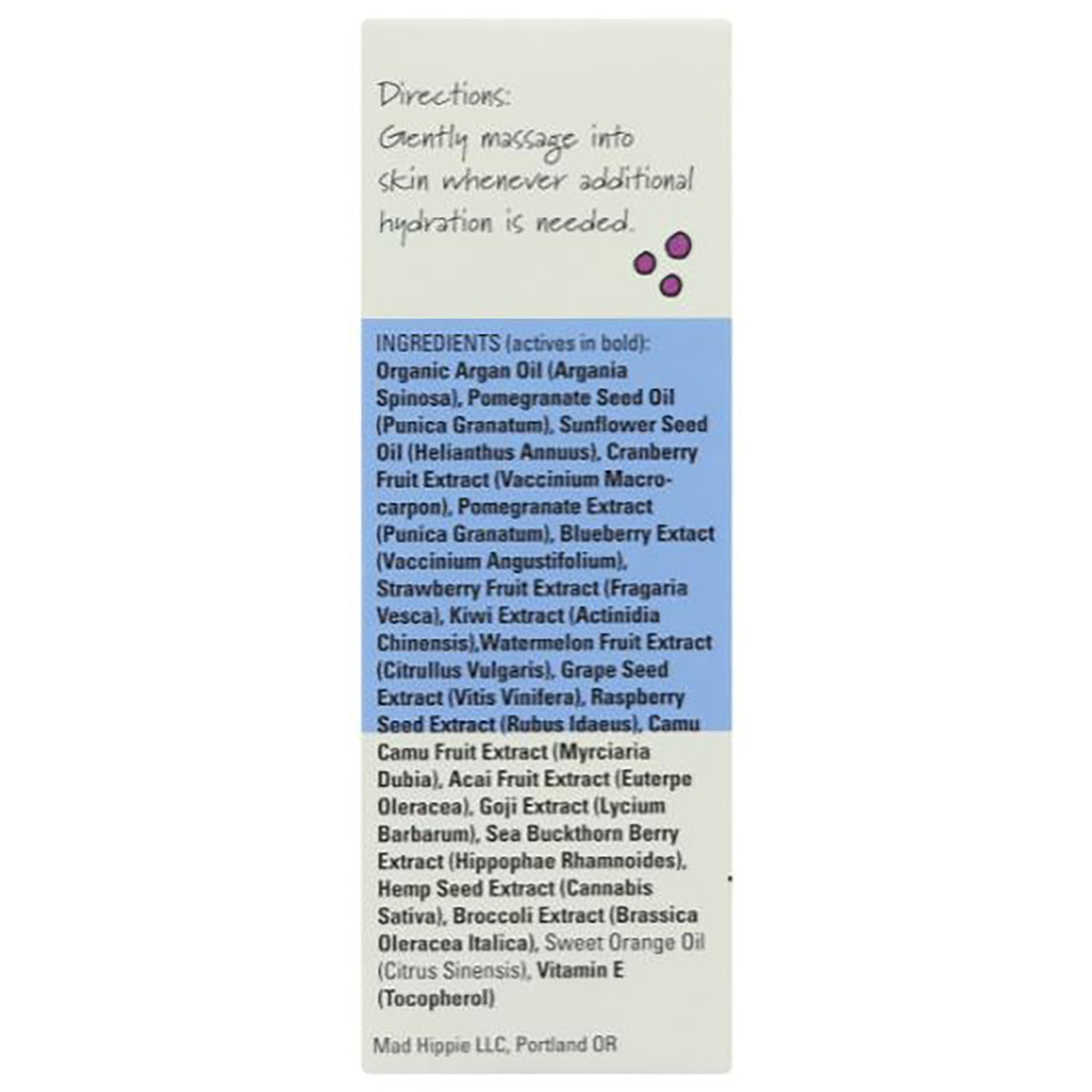 Back panel with directions and ingredients list including Organic Argan Oil, Pomegranate Seed Oil, and Vitamin E
