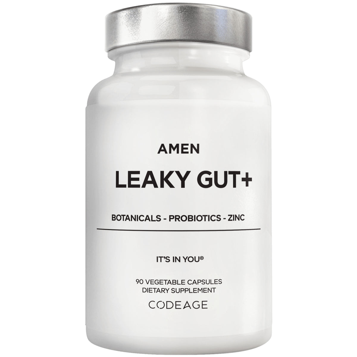 CDG006 | White supplement bottle labeled AMEN LEAKY GUT+ with botanicals, probiotics, zinc; 90 vegetable capsules, CODEAGE