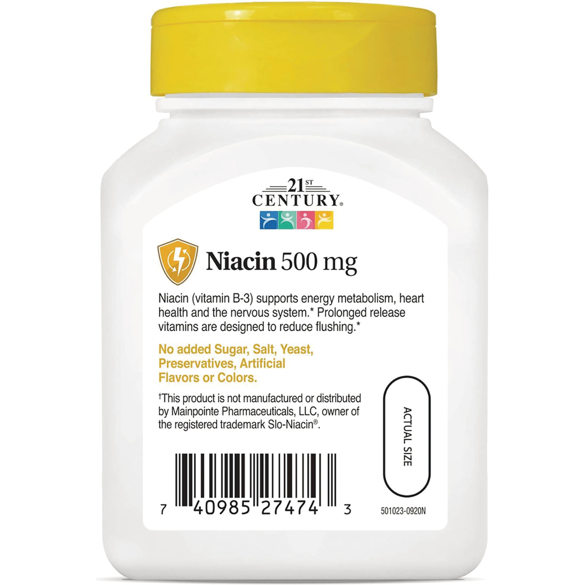 CNT272 | Product infographic showing 21st Century Niacin 500 mg bottle label with benefits text, no added sugar claim, and barcode