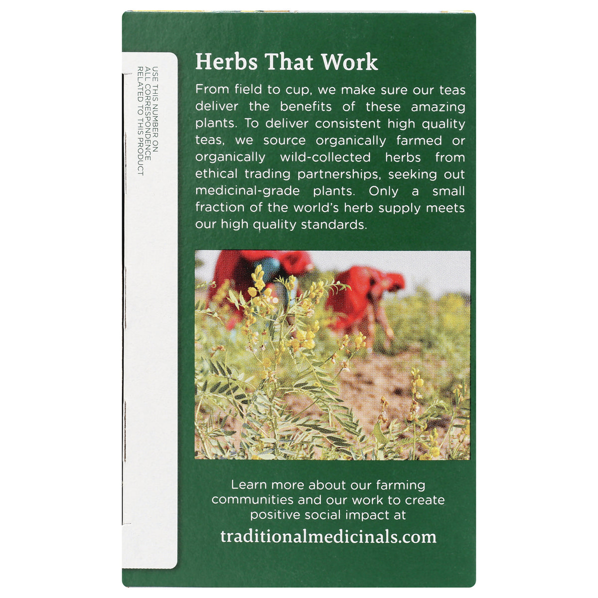 TMD003 | Herbs That Work brand story on tea box with photo of herb farming and URL traditionalmedicinals.com