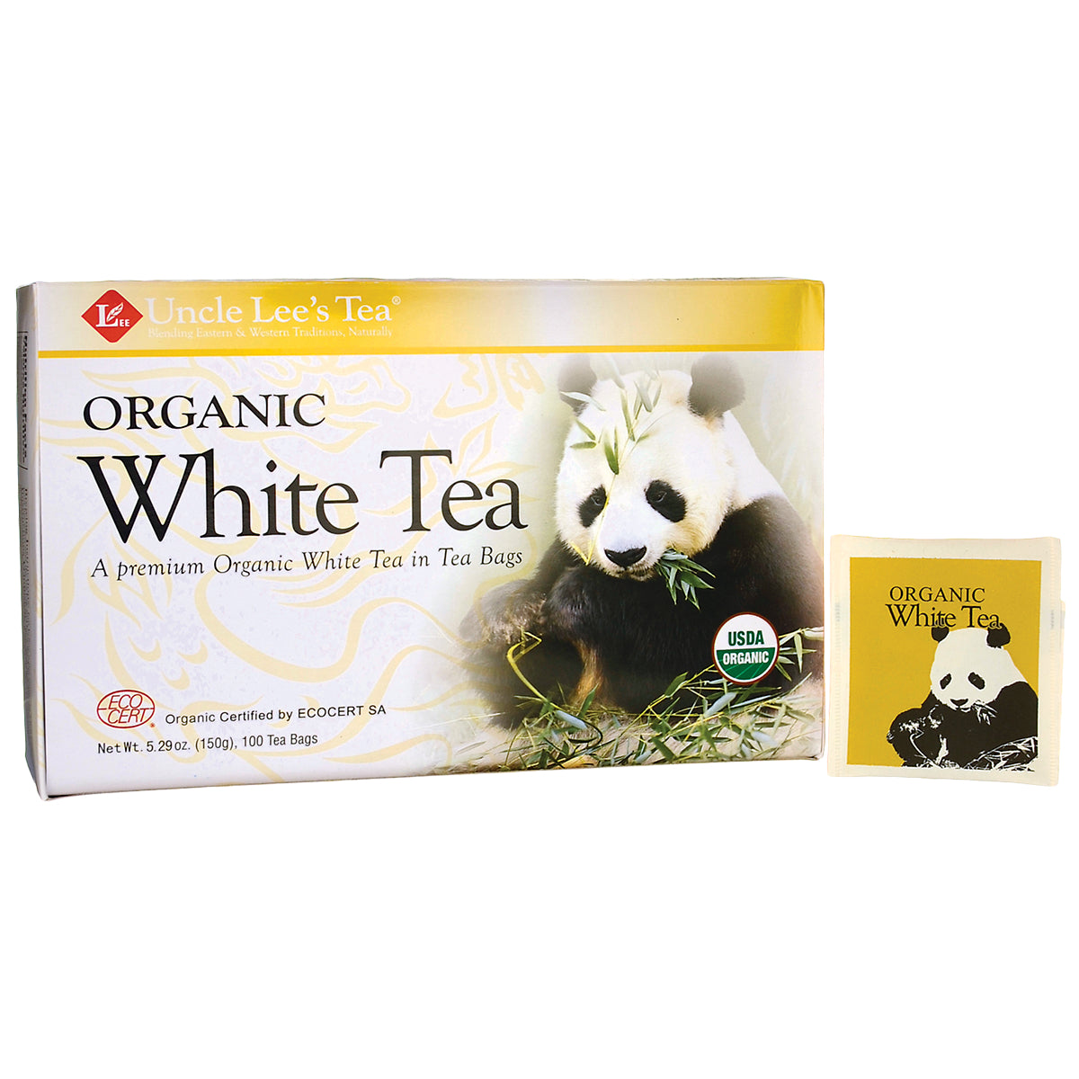 UL017 | Uncle Lee's Tea Organic White Tea box with panda design and a single tea bag