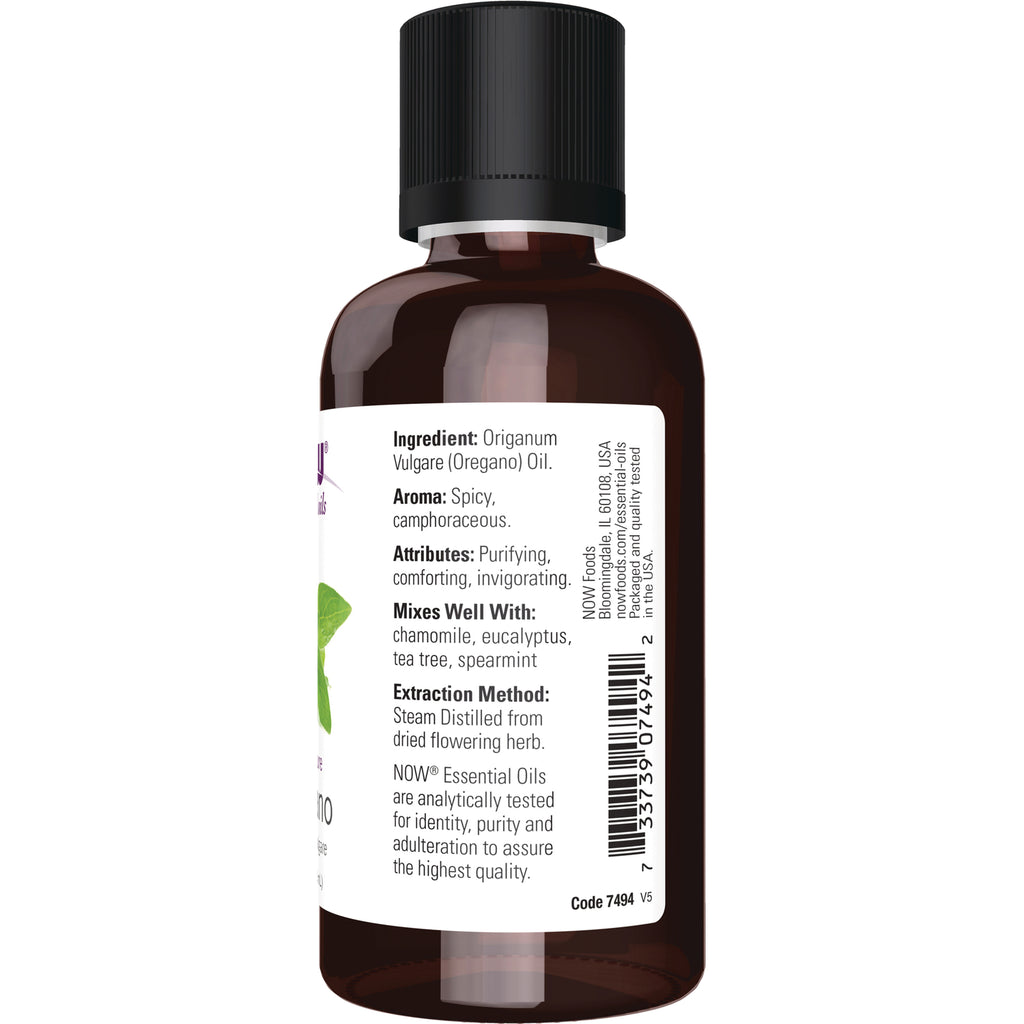 NWF261 | Back of brown essential oil bottle showing ingredients, aroma, attributes, mixes well with, extraction method and barcode on label - Thumbnail