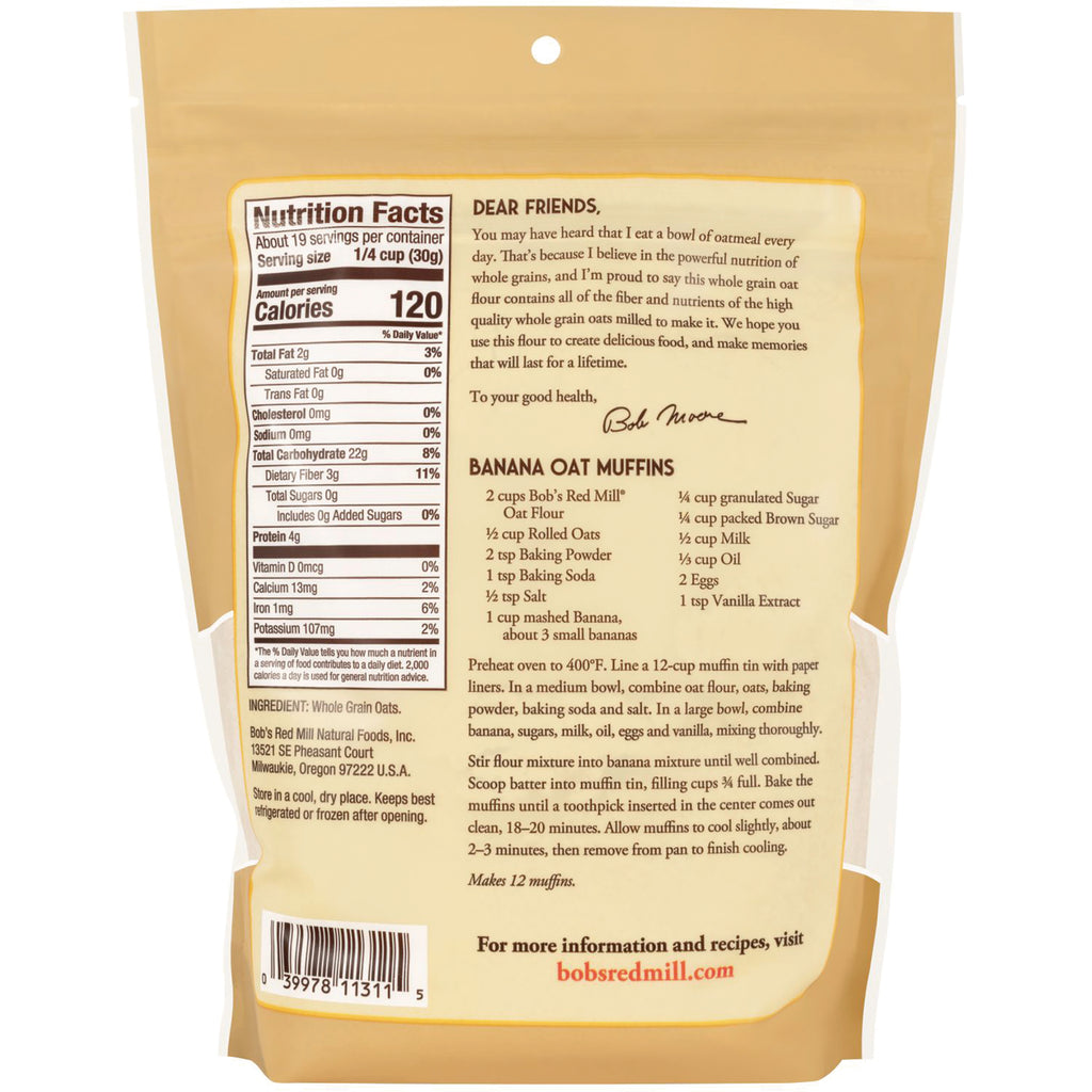 BOB446 | Back of beige bag showing nutrition facts, ingredients, banana oat muffins recipe and barcode - Thumbnail