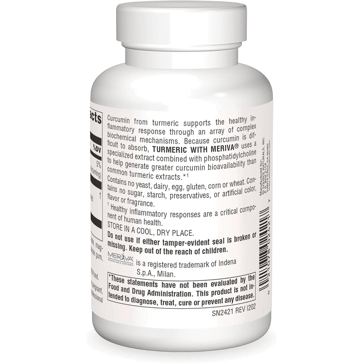 SN394 | Back label of Turmeric with Meriva supplement bottle with directions, warnings, and barcode
