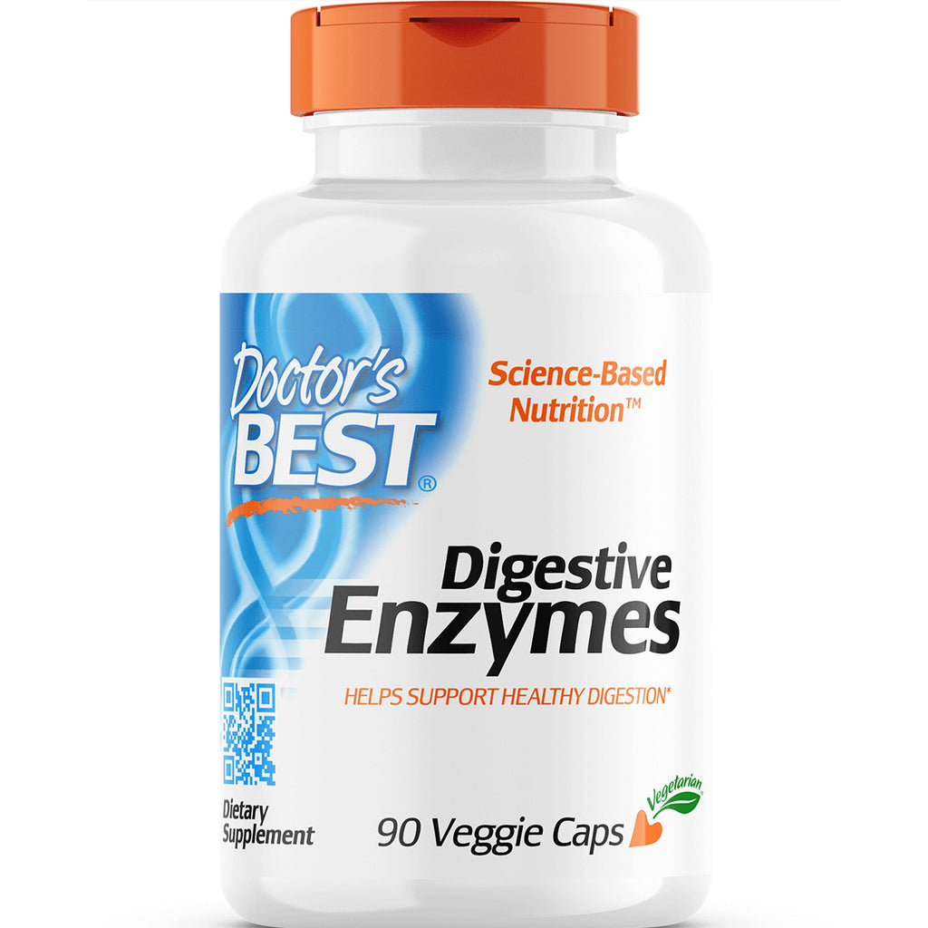 DB080 | Doctor's Best Digestive Enzymes white bottle with orange cap labeled 90 Veggie Caps and Science-Based Nutrition - Thumbnail