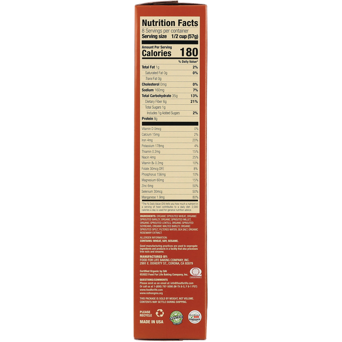 FFL004 | Back panel showing Nutrition Facts label with serving size 1/2 cup (57g), Calories 180, and ingredient and allergen information