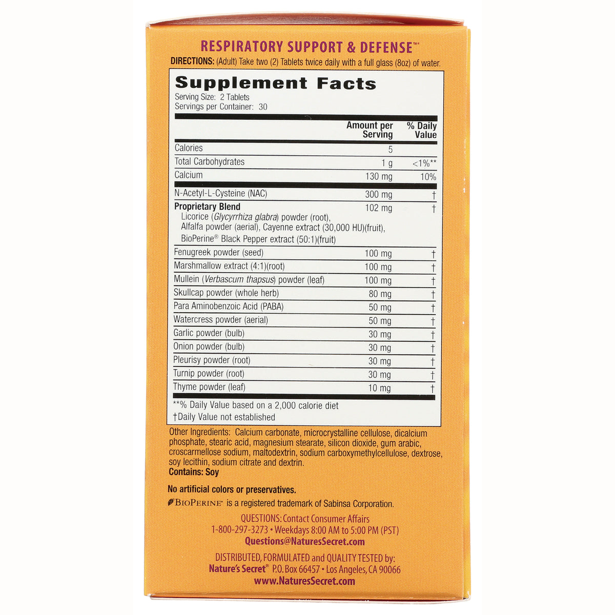 NTS25 | Back of orange supplement box showing Supplement Facts panel, ingredients list and contact information