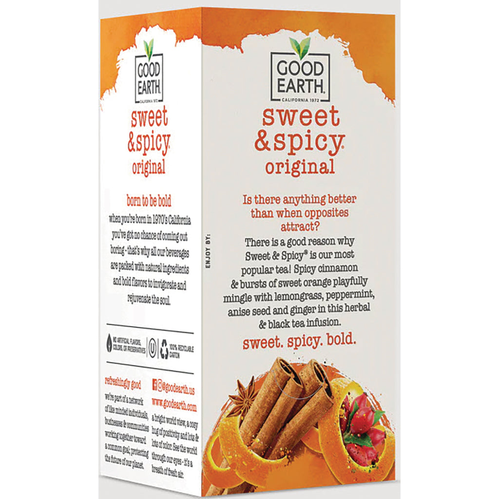 GET008 | back panel of Good Earth Sweet & Spicy original tea box with product description, ingredients text and cinnamon orange illustration - Thumbnail