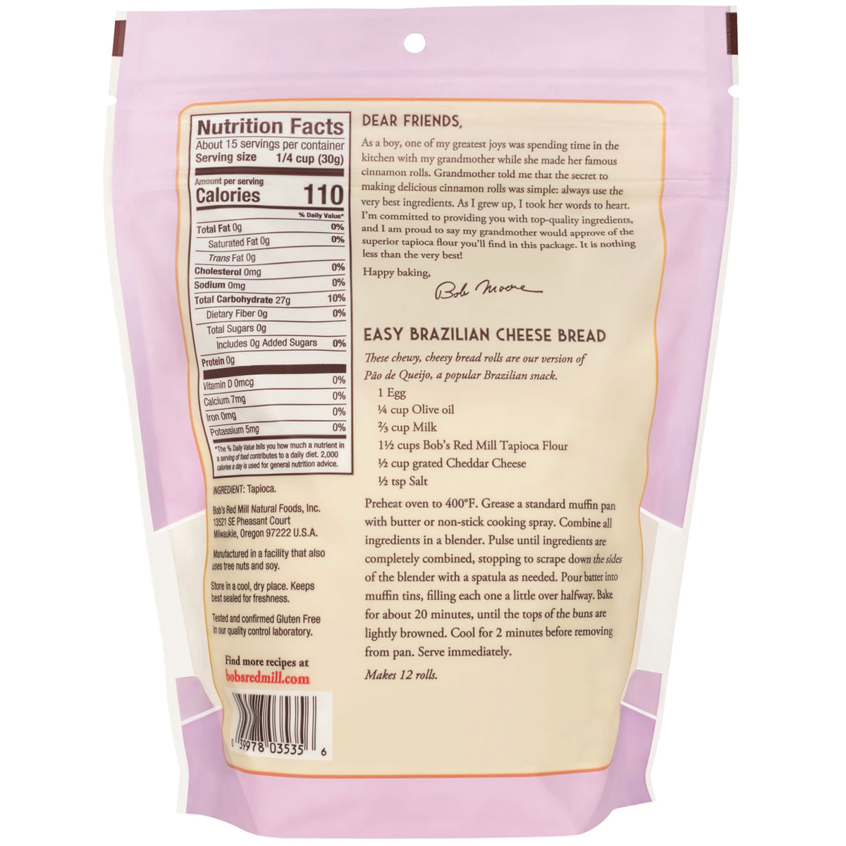 BOB292 | Back of purple pouch showing nutrition facts, ingredients, and Easy Brazilian Cheese Bread recipe