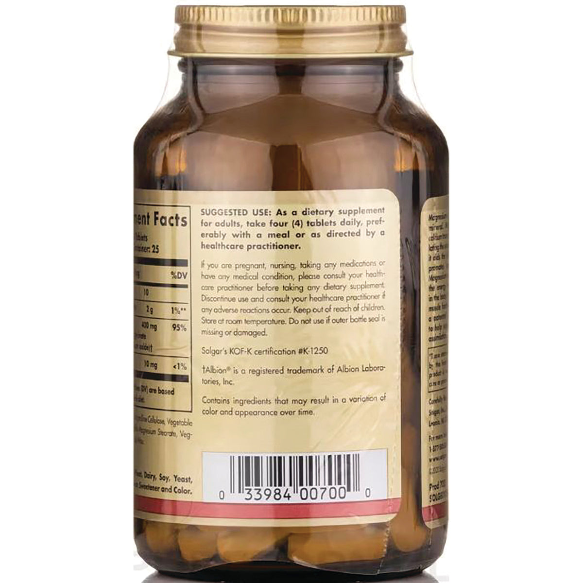 SLG358 | Back of amber supplement bottle showing suggested use text, ingredient panel and barcode