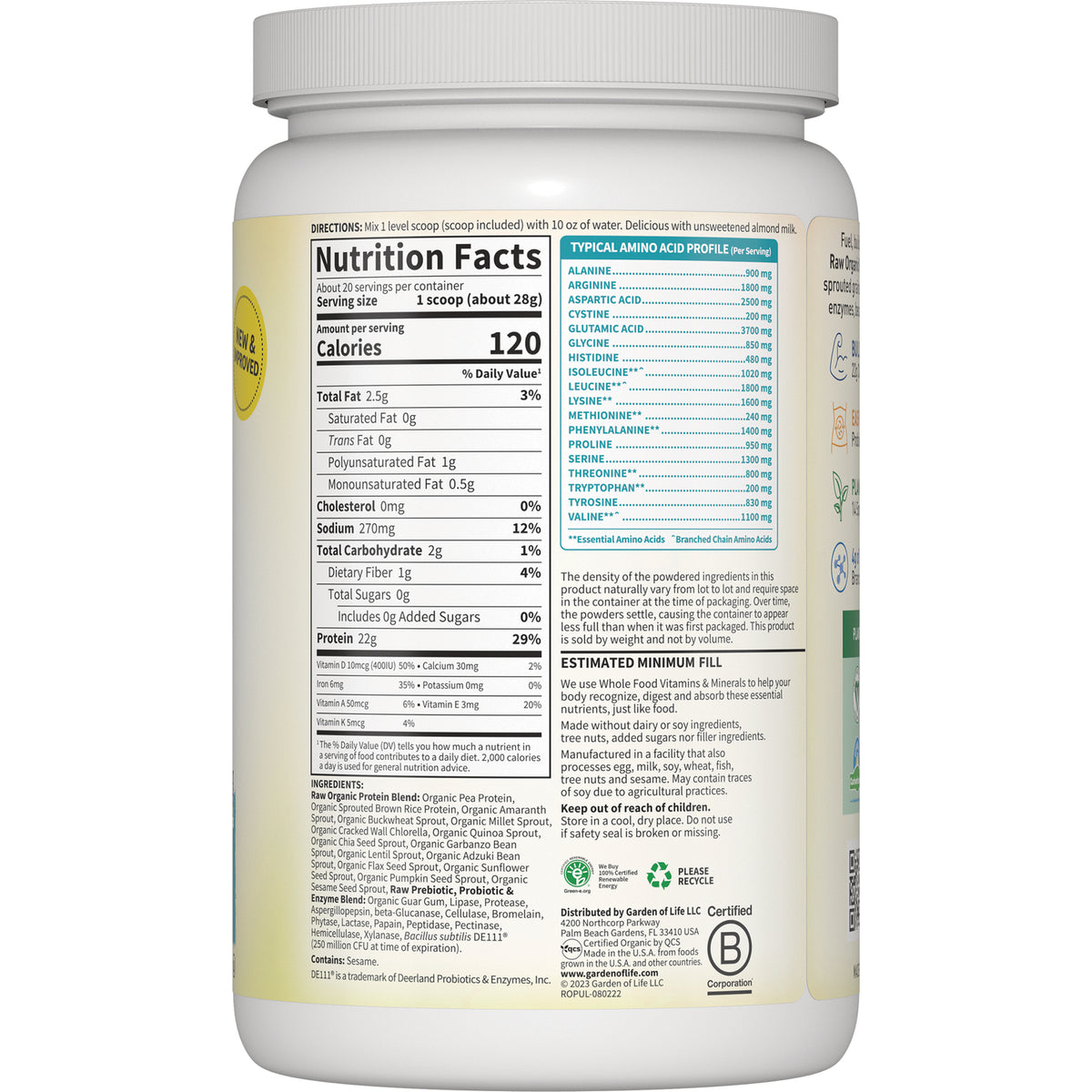 GLF062 | Back label of supplement jar showing Nutrition Facts panel, serving size, and typical amino acid profile