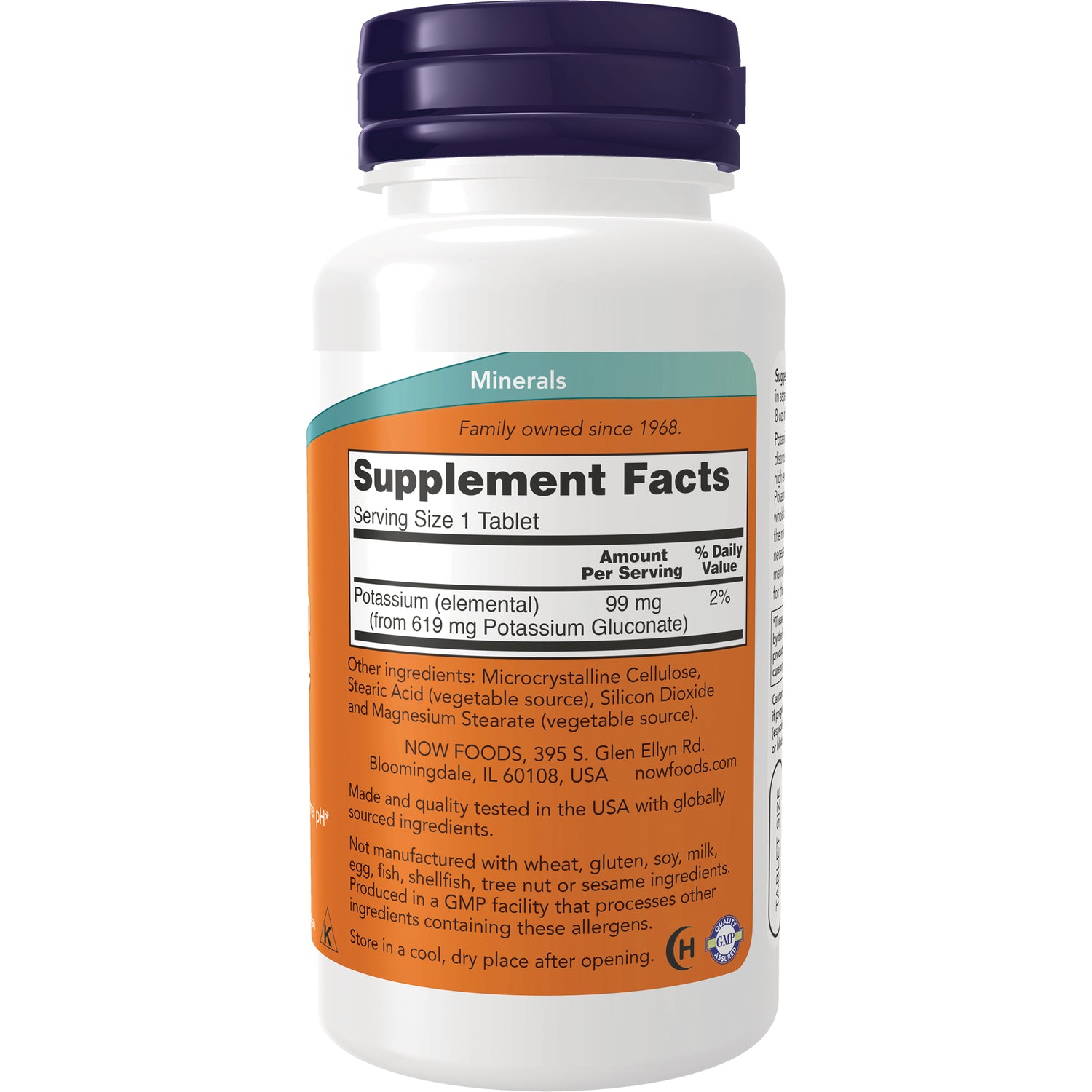 NWF698 | Back label showing Supplement Facts panel, potassium amount, ingredients and manufacturer info on white bottle