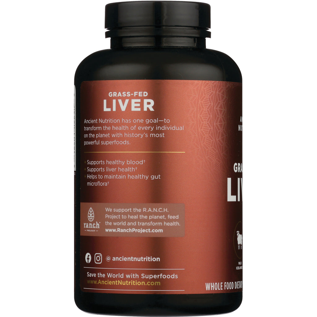 ATN098 | Back label of brown supplement bottle reading GRASS-FED LIVER with brief benefits and Ancient Nutrition branding - Thumbnail
