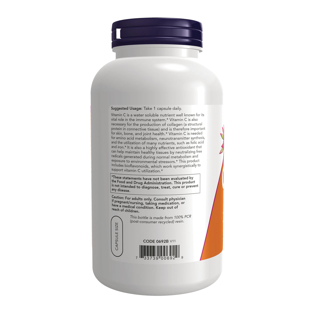 NWF030 | Back of white supplement bottle showing suggested usage, caution text, barcode, and capsule size label