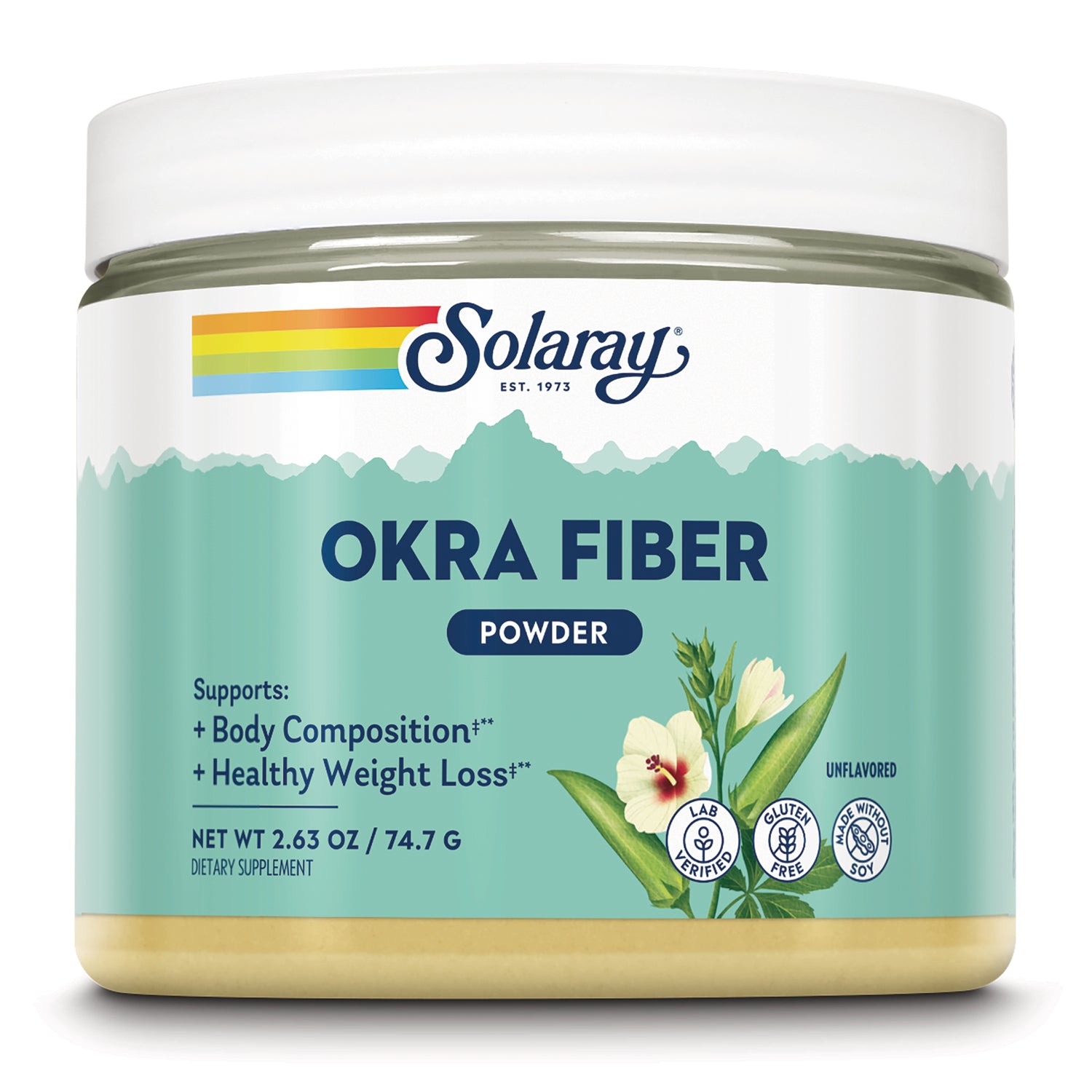 SLR546 | Solaray OKRA FIBER POWDER jar front label with floral illustration, 2.63 oz dietary supplement