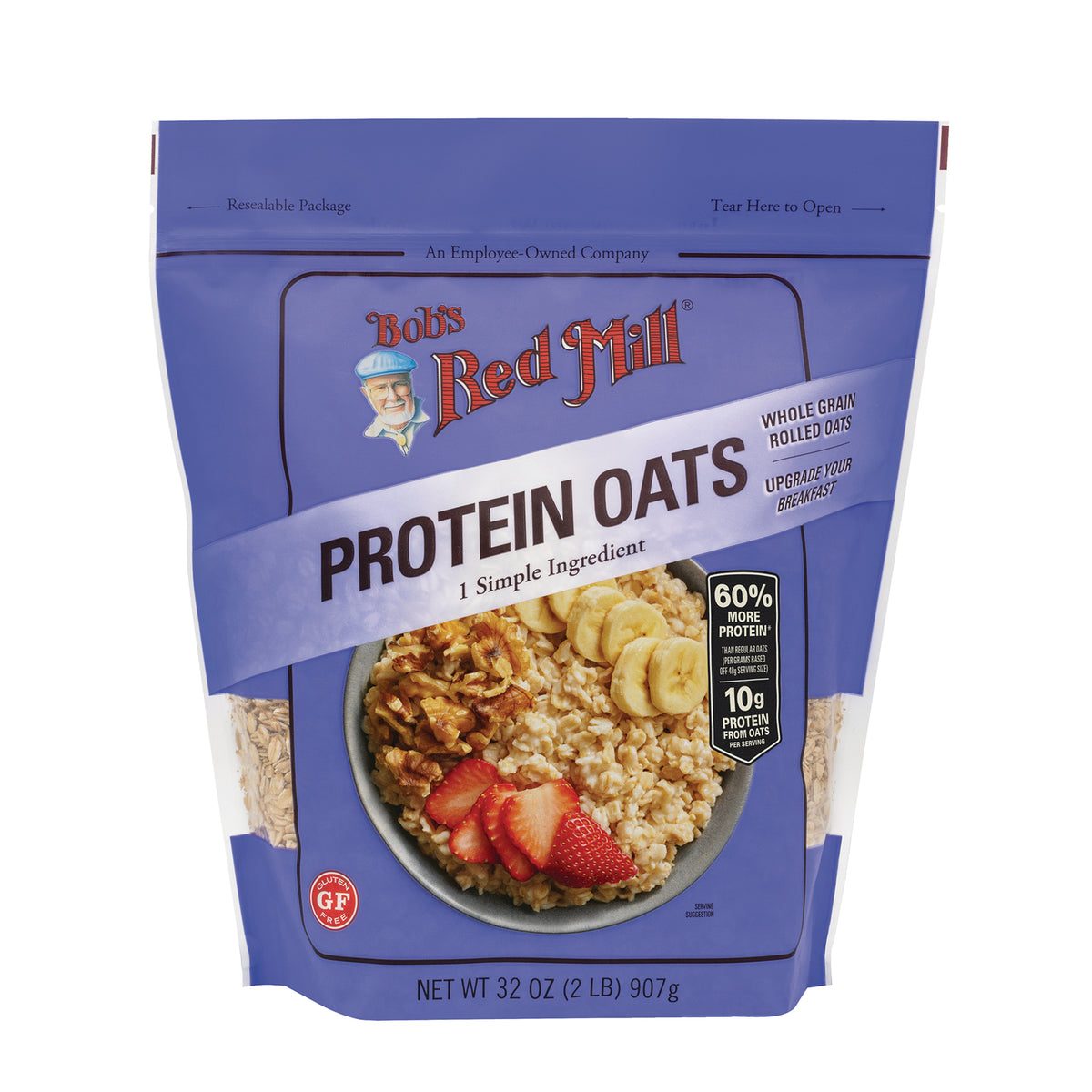 BOB475 | Bob's Red Mill Protein Oats front pouch with bowl of oats topped with strawberries, banana, and walnuts