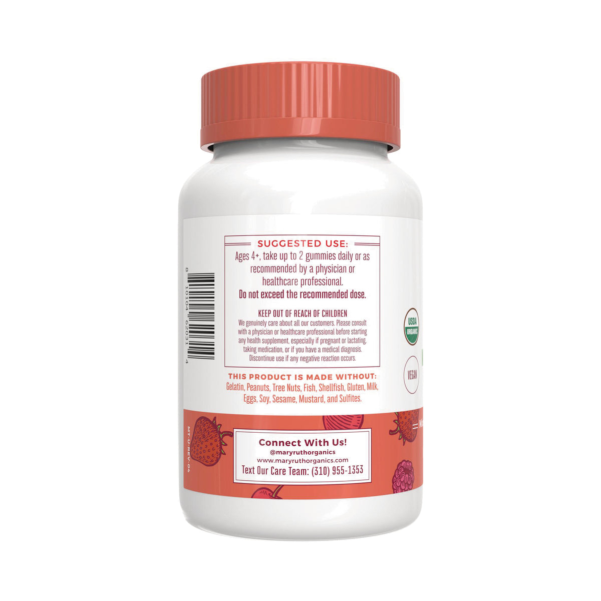 MRR044 | Back of white supplement bottle with orange cap showing suggested use, warnings, barcode, and contact info