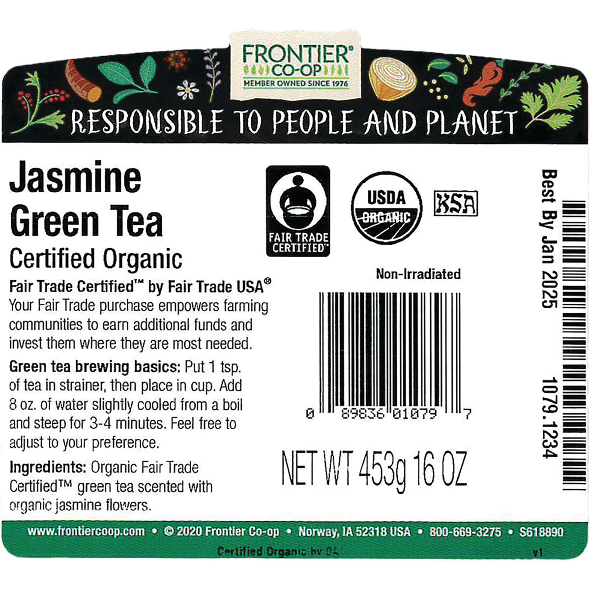 FNP028 | Back label for Frontier Jasmine Green Tea showing ingredients, brewing basics, Fair Trade and USDA logos, barcode, NET WT 453g 16 OZ