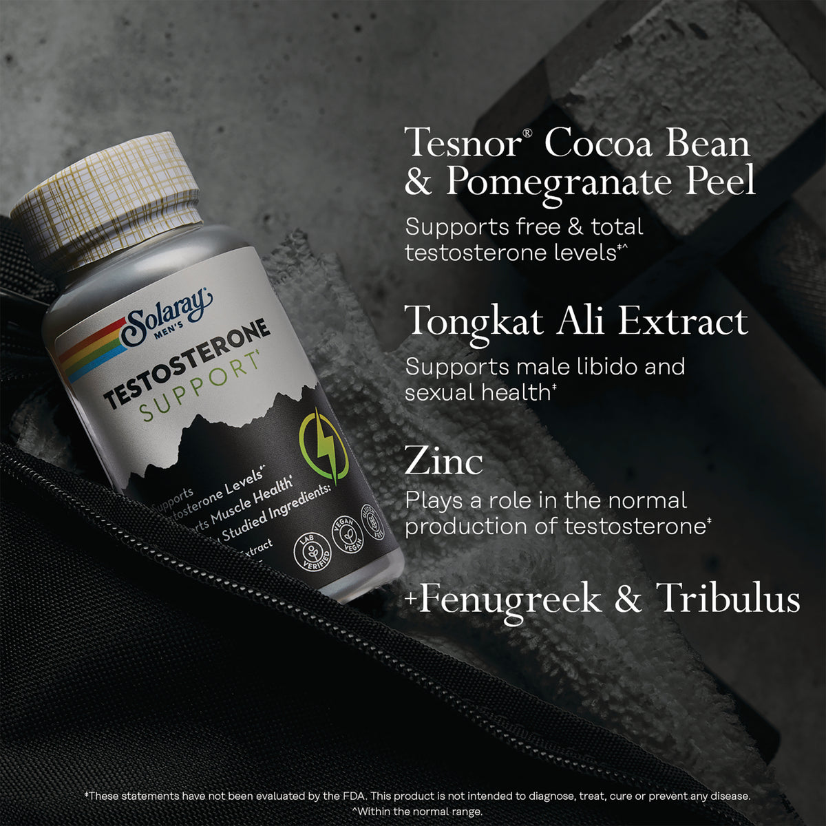 SLR537 | Solaray Men's Testosterone Support infographic highlighting Tesnor, Tongkat Ali, zinc, fenugreek & tribulus