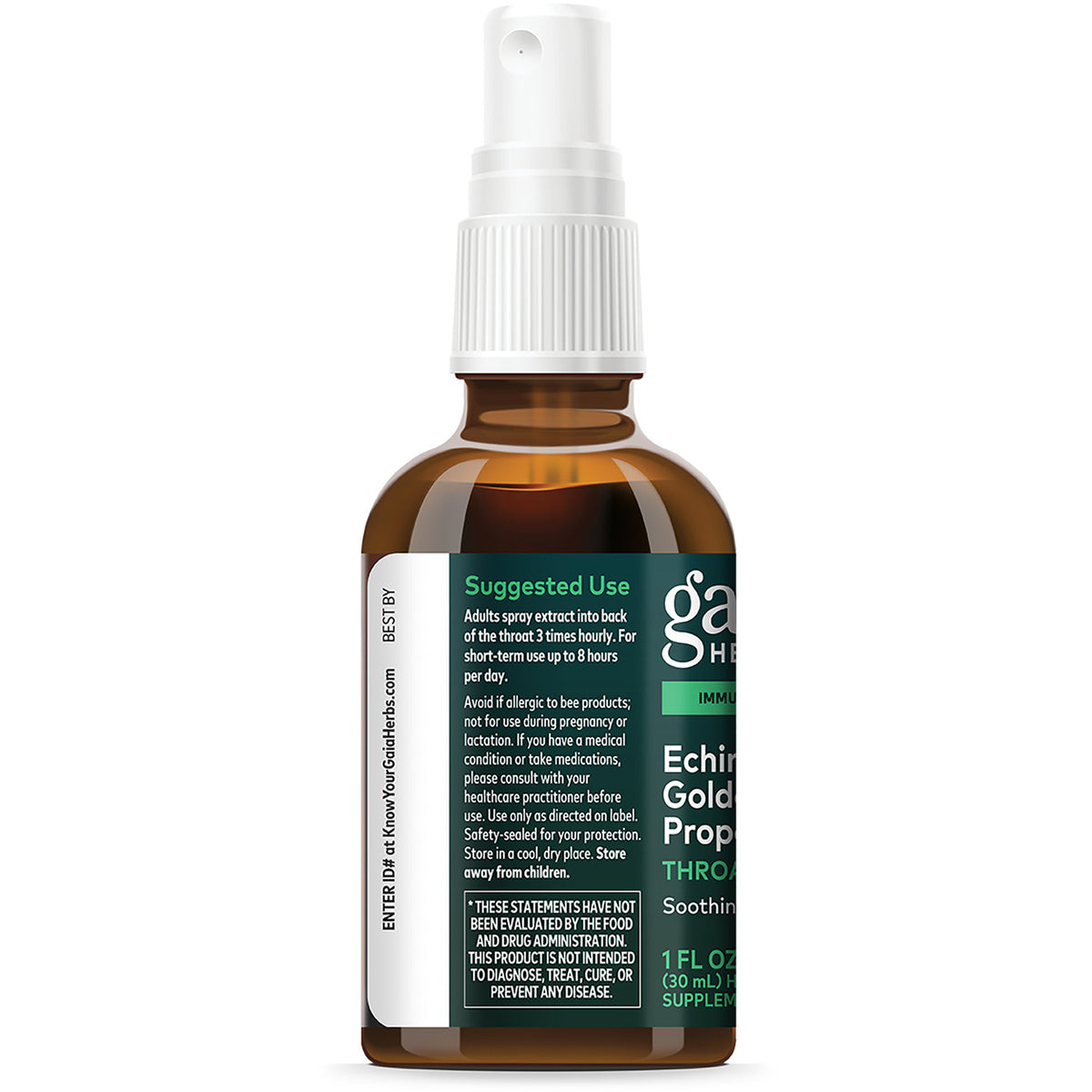 GH032 | Brown glass spray bottle back showing Supplement Facts label, ingredients text and barcode