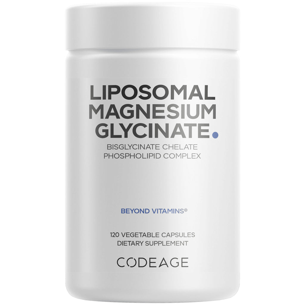 CDG011 | White supplement bottle labeled LIPOSOMAL MAGNESIUM GLYCINATE, BIOAVAILABLE, 120 vegetable capsules, CODEAGE - Thumbnail