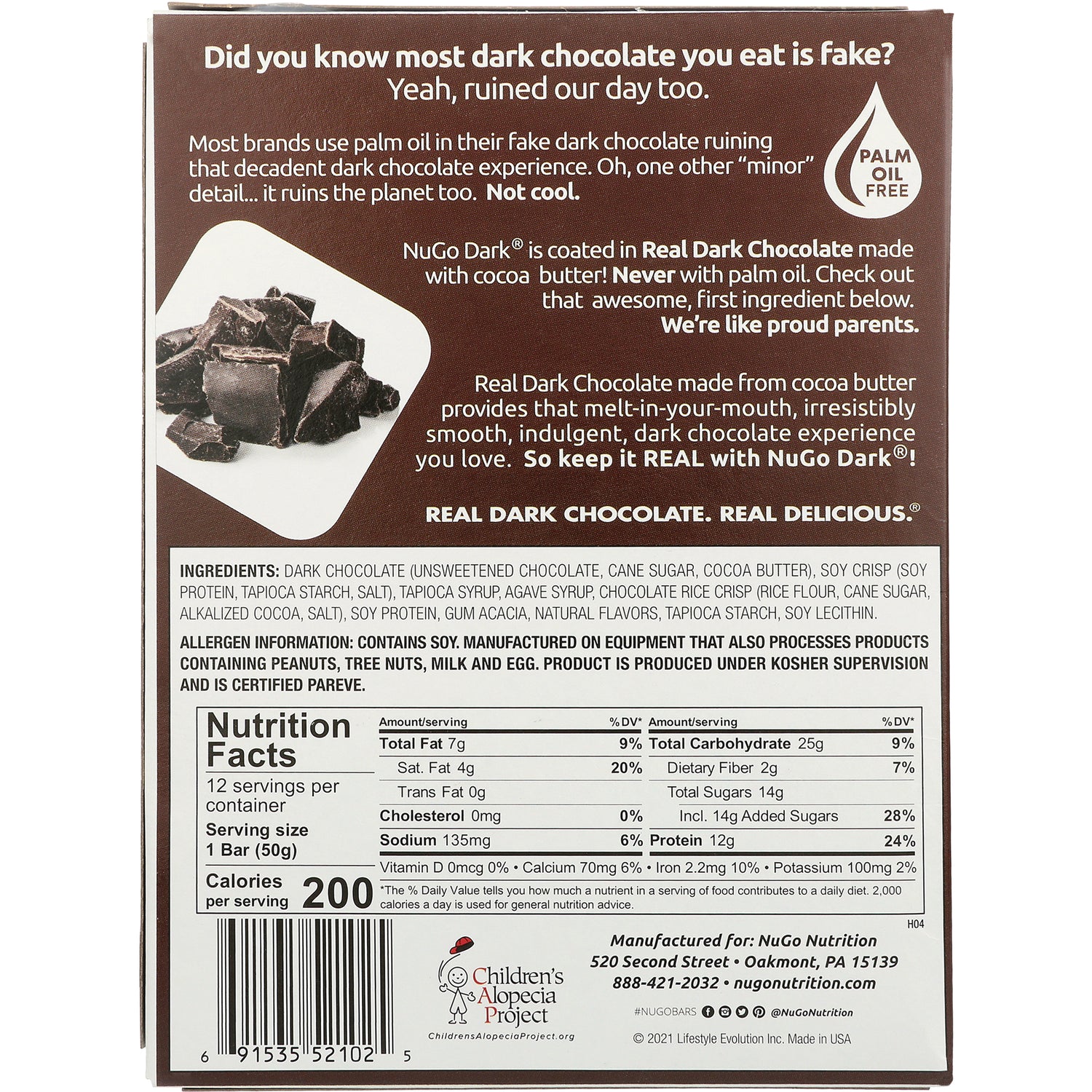 NUG002 | Back of NuGo Dark bar packaging showing ingredients, allergen statement and Nutrition Facts panel