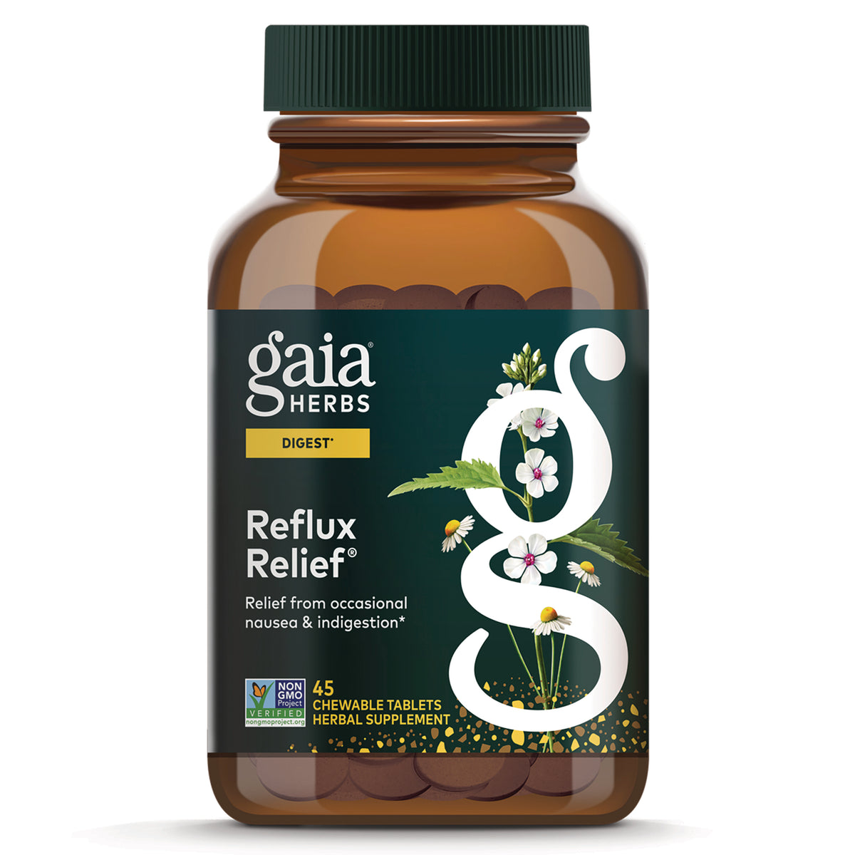 GH171 | Gaia Herbs Reflux Relief chewable tablets bottle front showing label and floral herbal graphic