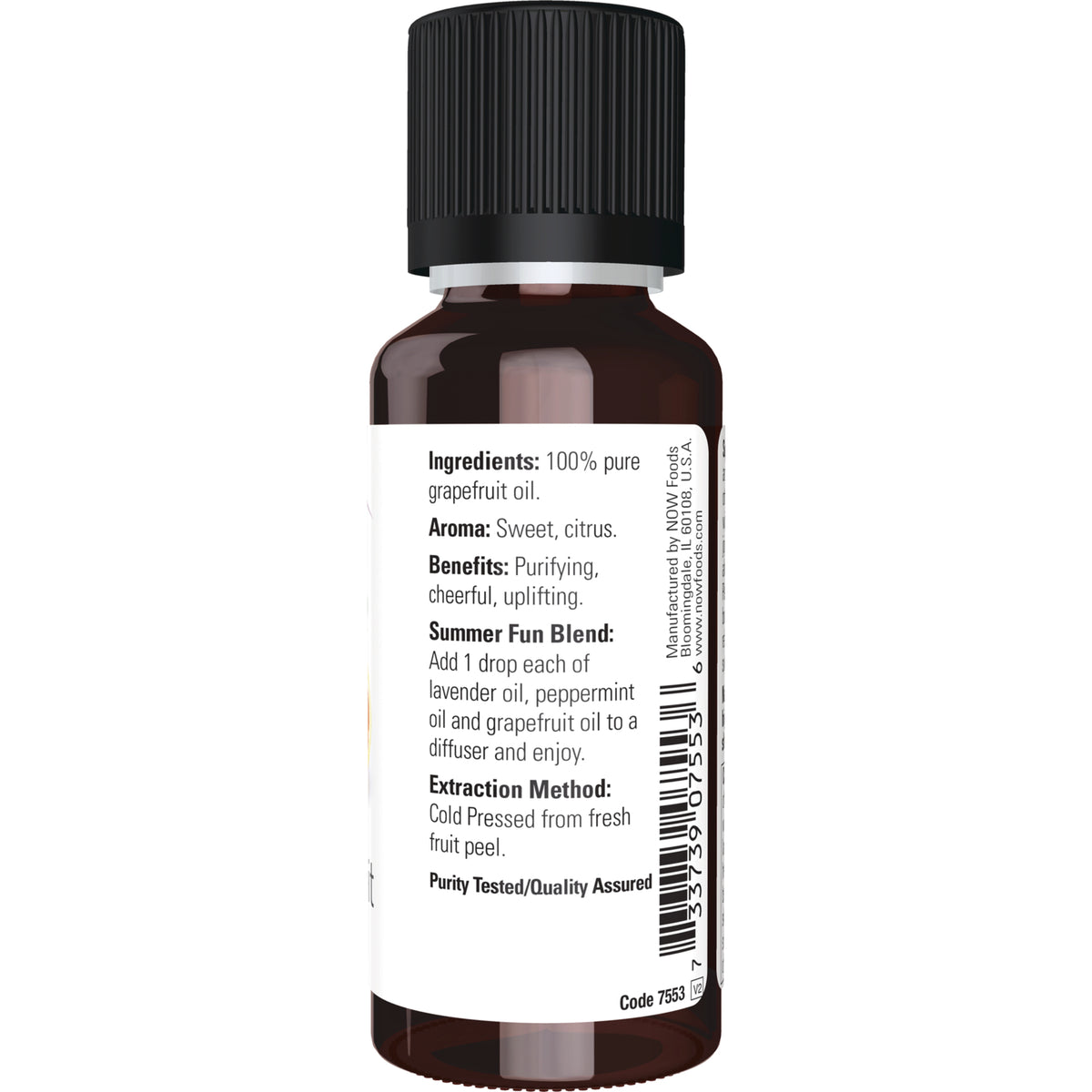 NWF314 | Back label of amber bottle showing ingredients, aroma, benefits, extraction method and barcode