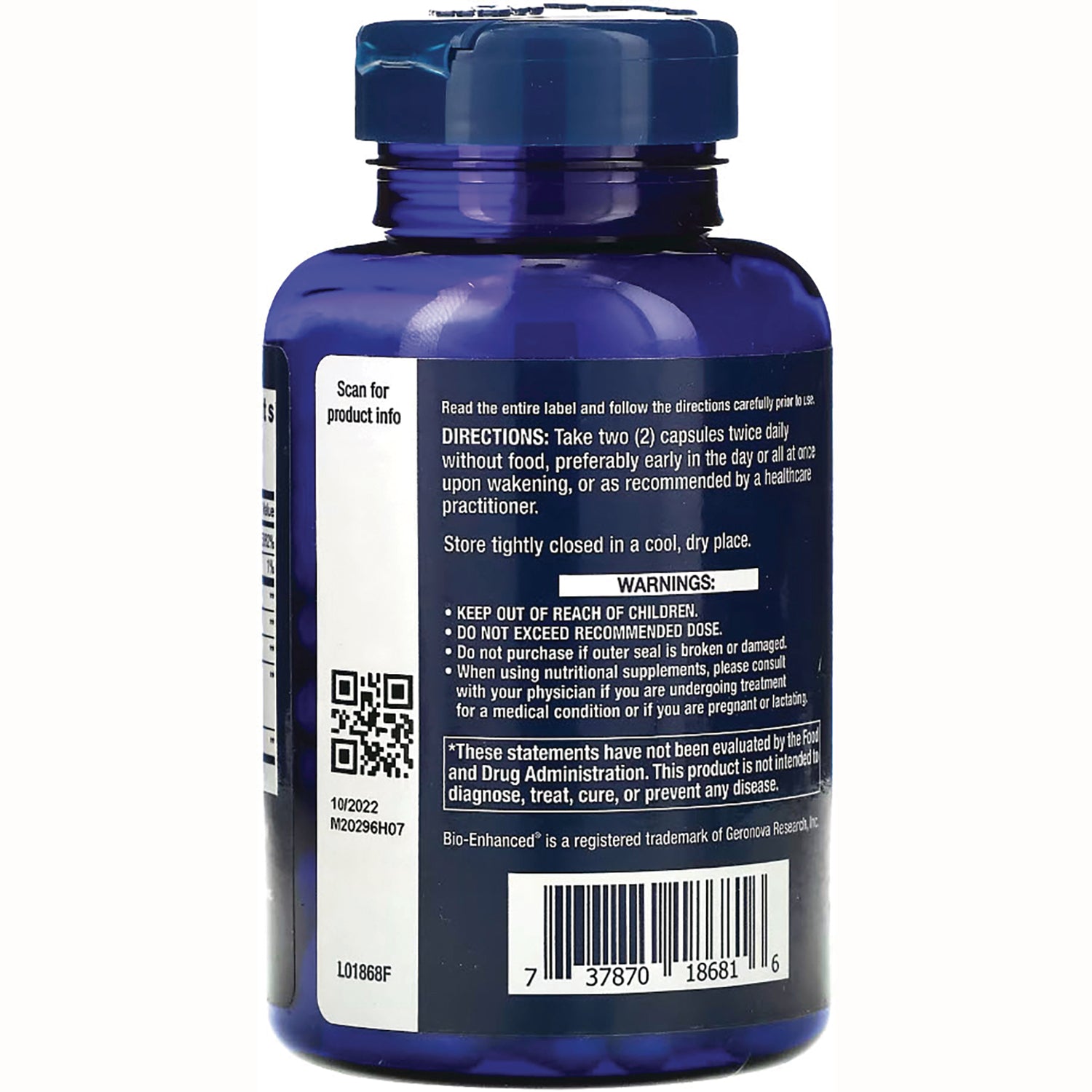 LE367 | Back of blue supplement bottle showing directions, warnings, QR code and barcode