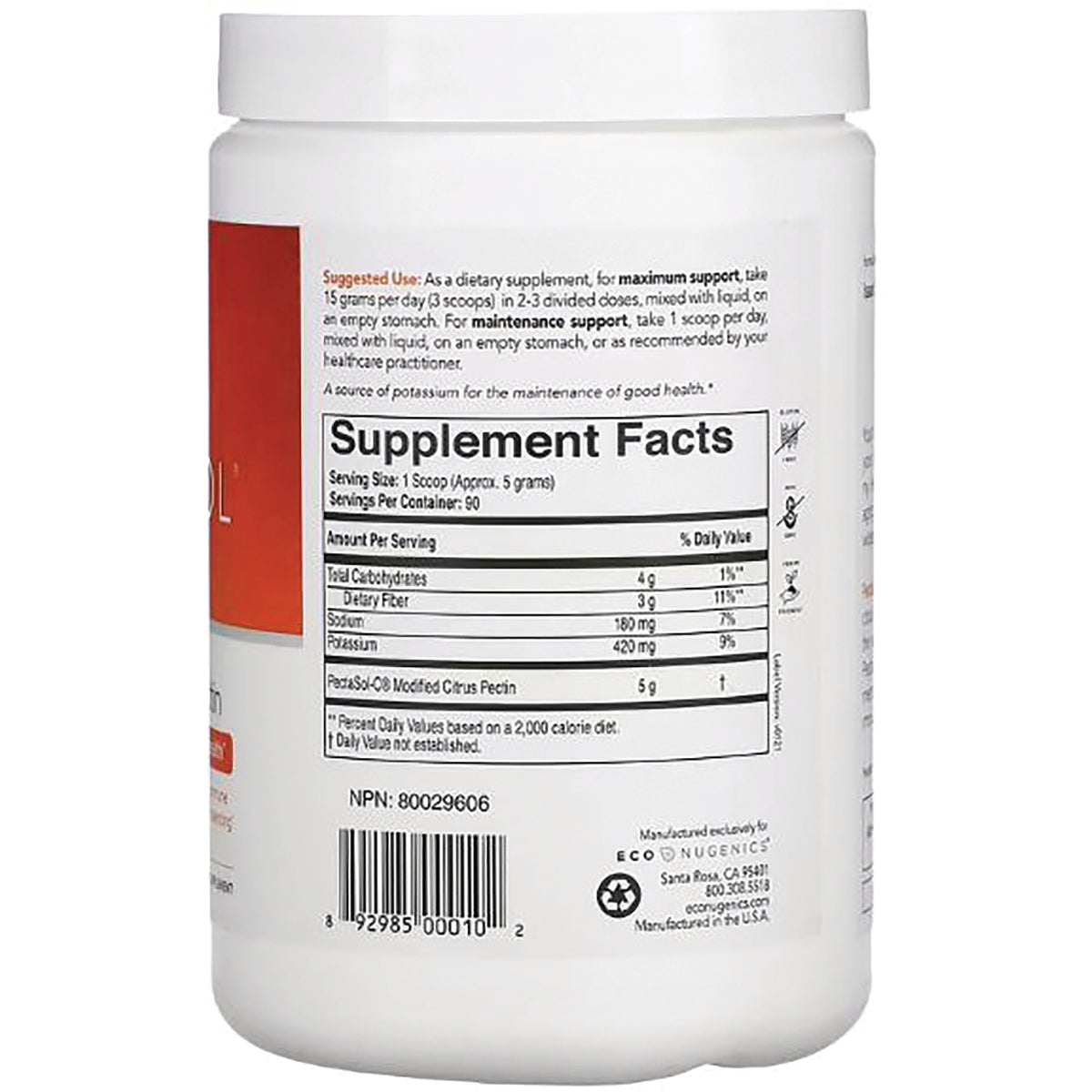 ECN002 | Back of white supplement jar showing Supplement Facts panel, nutrition table, barcode and NPN 80029606