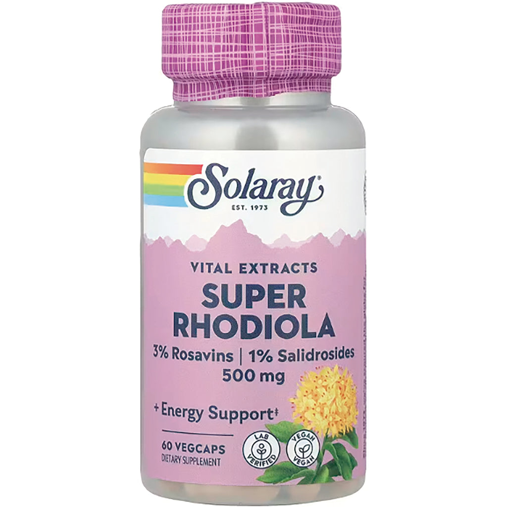 SLR291 | Solaray Super Rhodiola 500 mg bottle with pink label, 60 vegcaps dietary supplement - Thumbnail