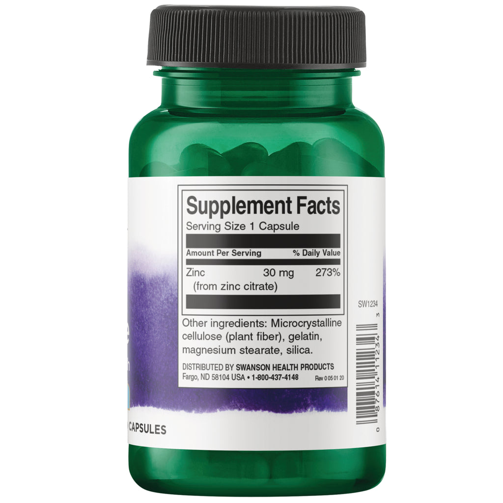 SW1234 | Supplement Facts panel: serving size 1 capsule; zinc 30 mg (273% DV); ingredients list and barcode - Thumbnail