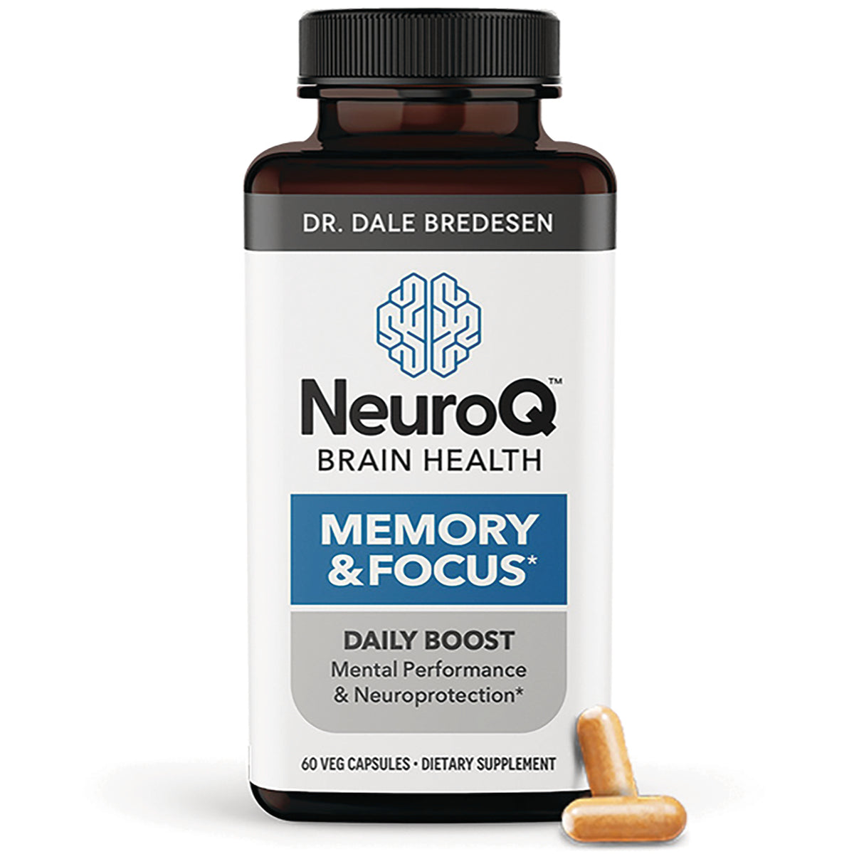 LSS007 | NeuroQ Brain Health Memory & Focus daily boost supplement bottle with two capsules