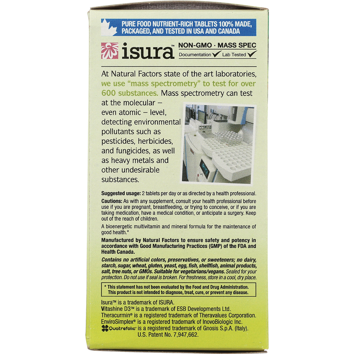 NFC177 | Back of supplement box showing mass spectrometry lab text, small lab photo, usage and caution statements