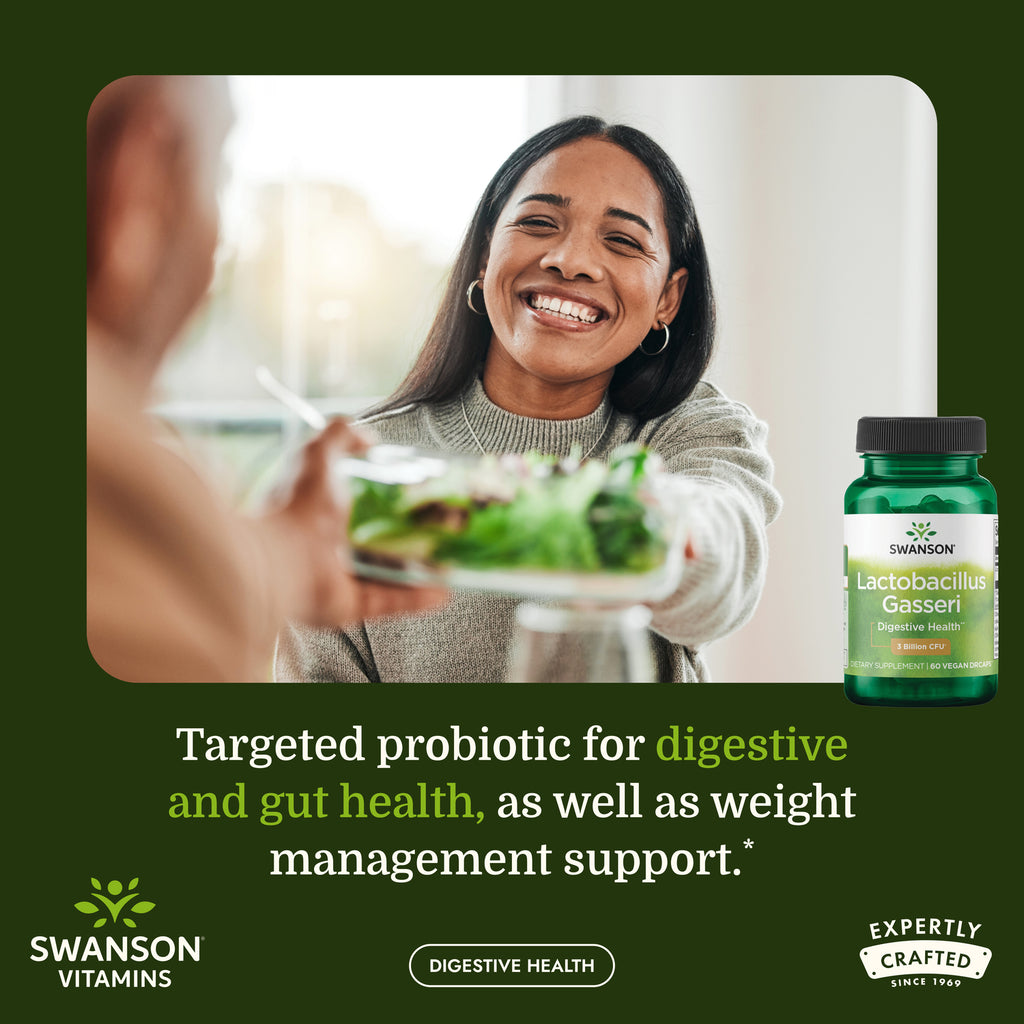 SWA027 | woman with salad and probiotic green bottle in foreground - Thumbnail
