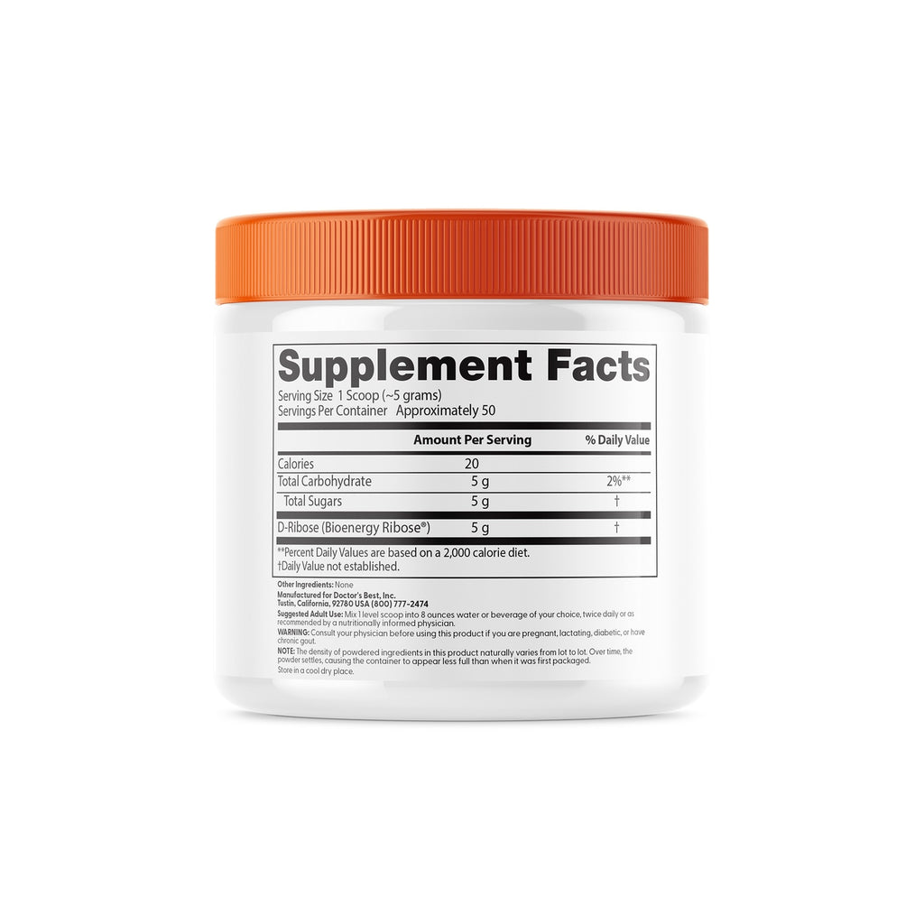 DB081 | Supplement facts and usage directions on back of white jar showing D-Ribose 5 g and non-GMO, gluten free, soy free, vegan - Thumbnail