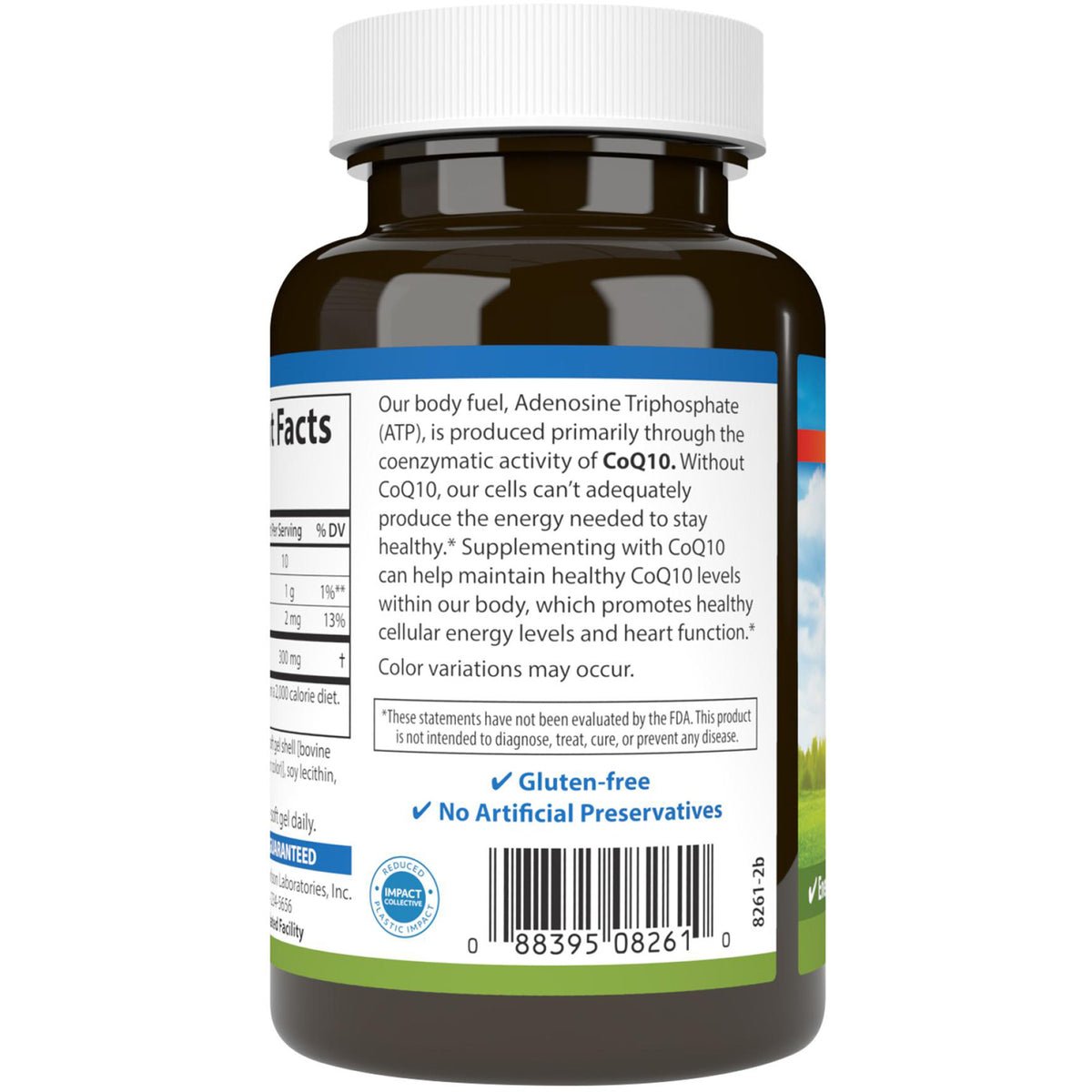 CSN097 | Back of CoQ10 supplement bottle with facts panel, benefits text, gluten-free claim, and barcode
