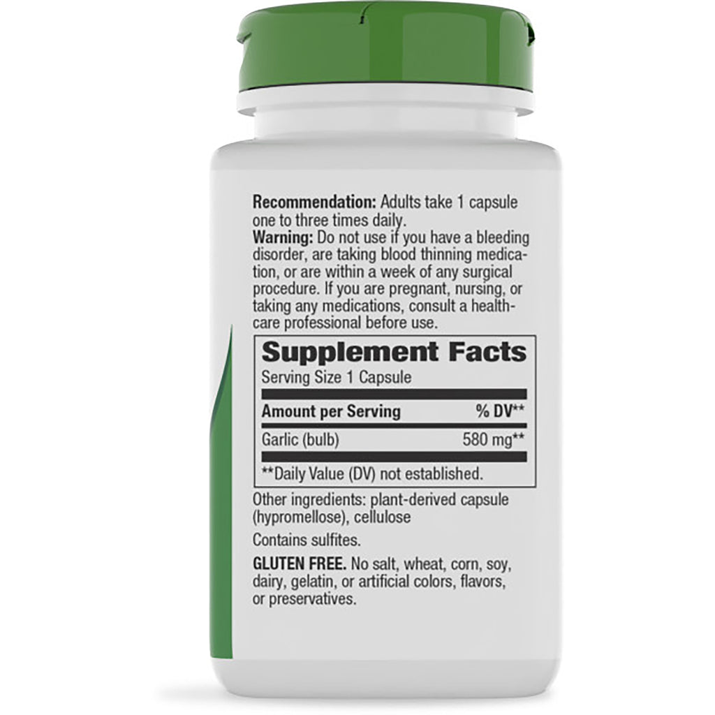 NW935 | Back of brown supplement bottle with green cap showing Supplement Facts panel, garlic 580 mg and usage warnings - Thumbnail