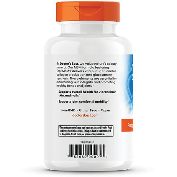 DB087 | Back label of white supplement bottle showing MSM with OptiMSM description, support claims and barcode - Thumbnail