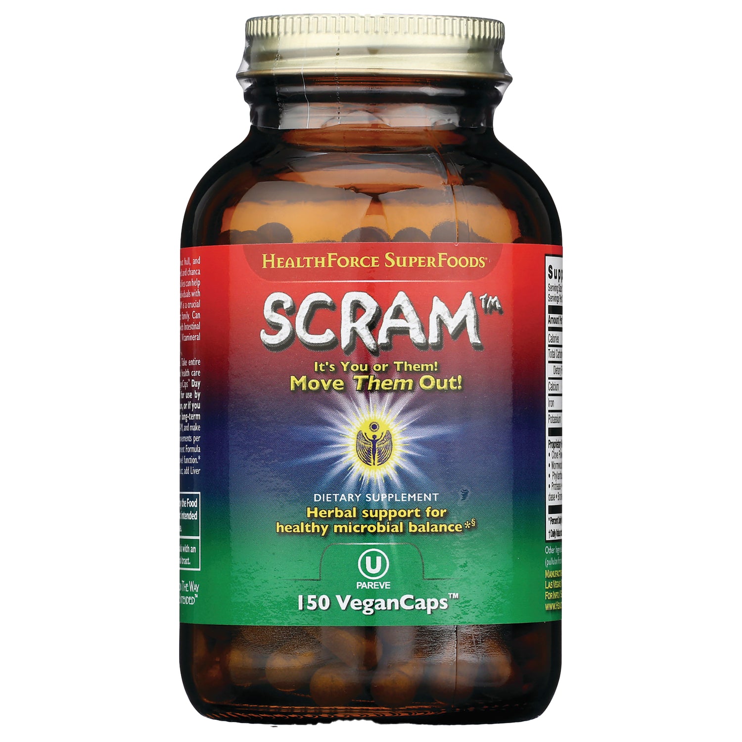 HFC006 | SCRAM dietary supplement bottle front, 150 VeganCaps label, herbal support for healthy microbial balance