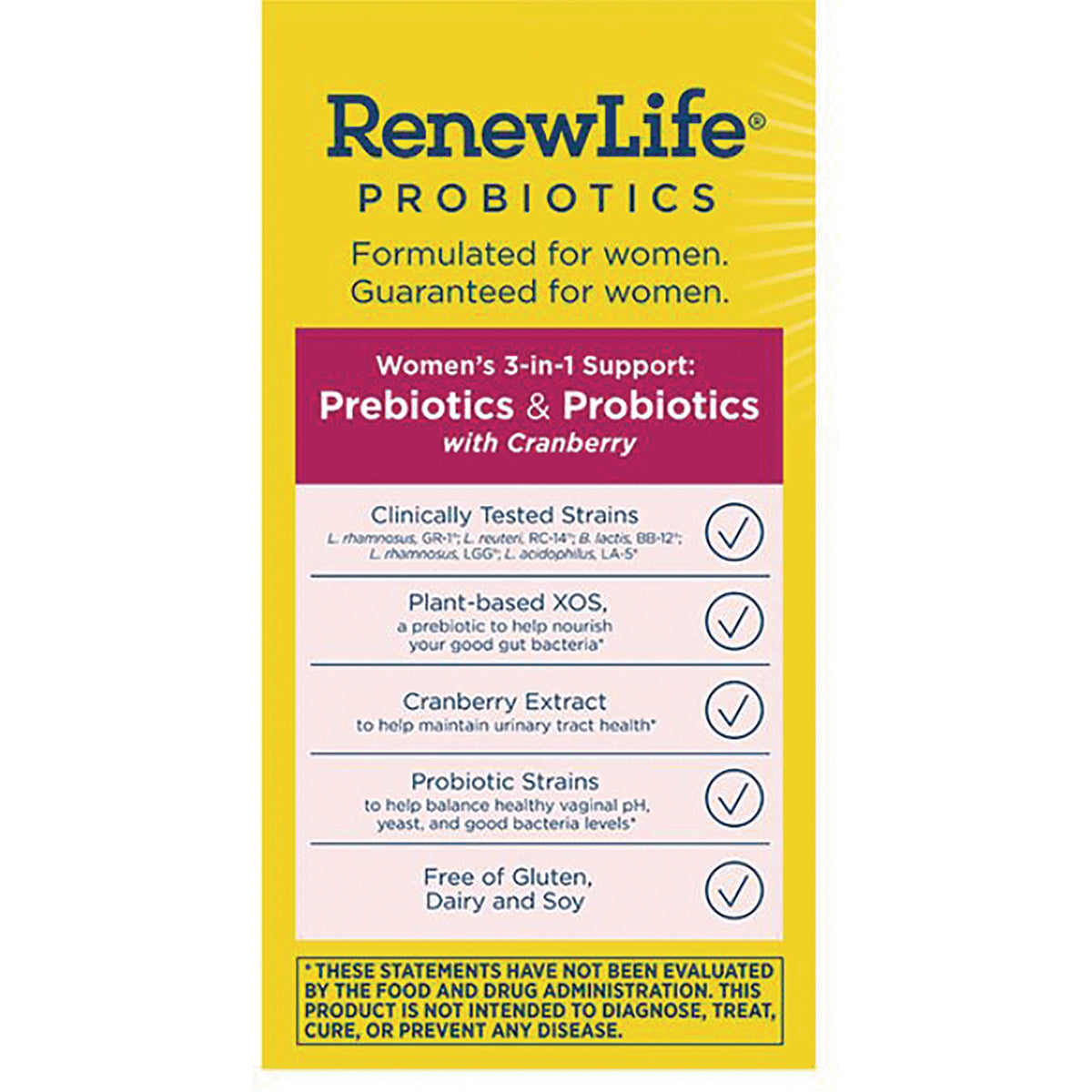 RNL214 | RenewLife probiotics back panel showing Women's 3-in-1 Prebiotics & Probiotics with Cranberry and key benefits